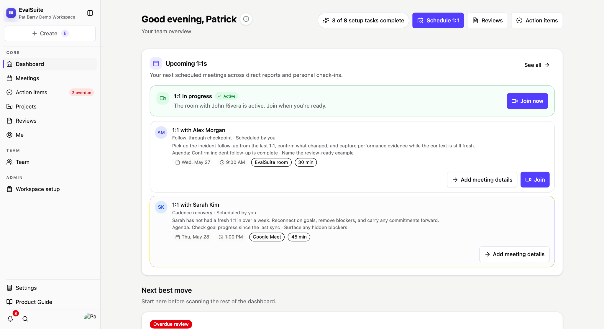 EvalSuite manager dashboard showing upcoming 1:1s, an active meeting, and carried-forward context